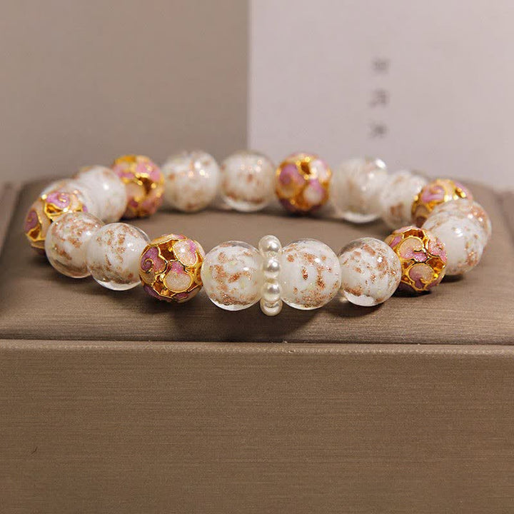 Buddha Stones Bracciale rotondo cinese Liuli con perline di vetro e foglia d'oro cloisonné, purezza, nuovo. - Bianco - Vetro (Chiarezza♥Messa a fuoco) - image 2