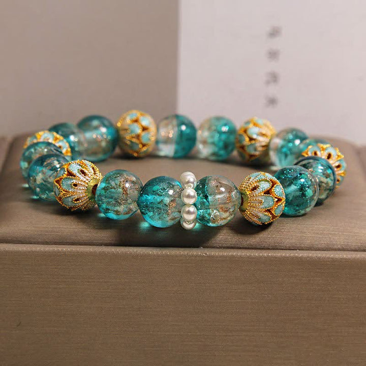 Buddha Stones Bracciale rotondo cinese Liuli con perline di vetro e foglia d'oro cloisonné, purezza, nuovo. - Blu - Vetro (Chiarezza♥Messa a fuoco) - image 4
