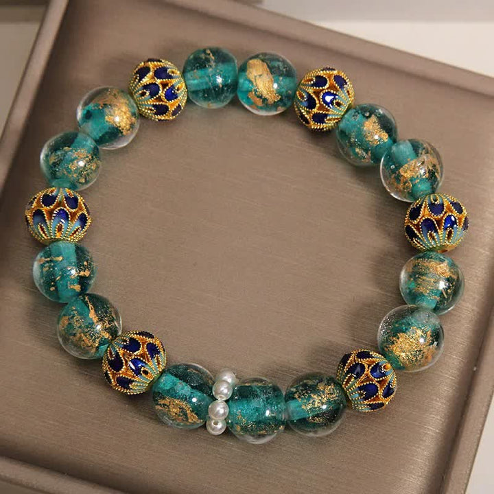 Buddha Stones Bracciale rotondo cinese Liuli con perline di vetro e foglia d'oro cloisonné, purezza, nuovo. - image 8