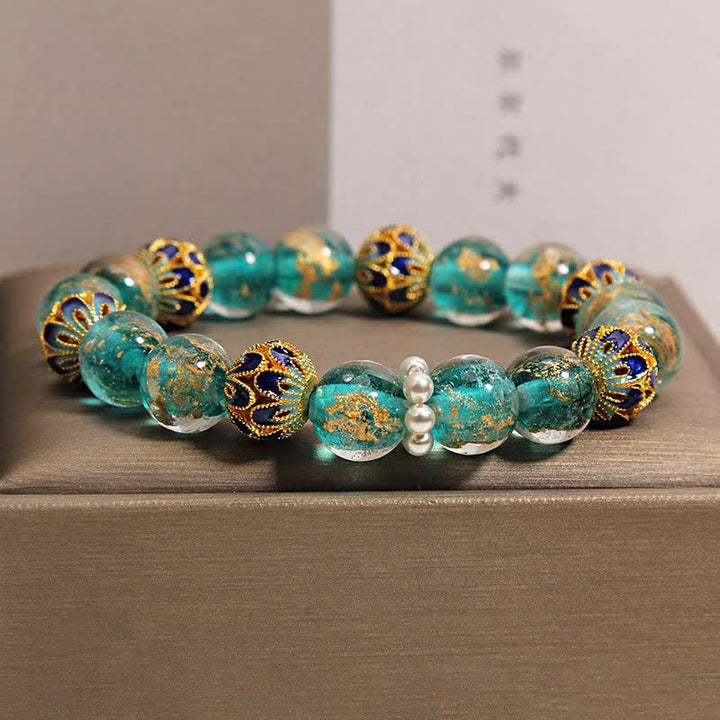 Buddha Stones Bracciale rotondo cinese Liuli con perline di vetro e foglia d'oro cloisonné, purezza, nuovo. - image 6