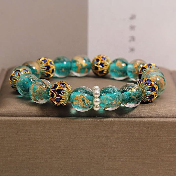 Buddha Stones Bracciale rotondo cinese Liuli con perline di vetro e foglia d'oro cloisonné, purezza, nuovo. - Blu pavone - Vetro (Chiarezza♥Messa a fuoco) - image 0