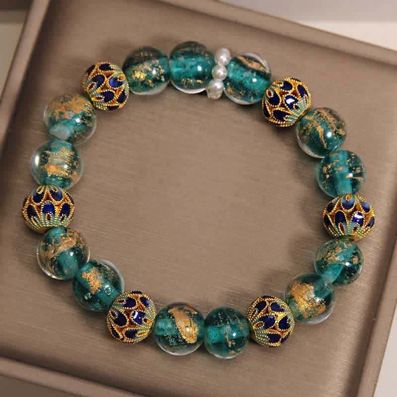 Buddha Stones Bracciale rotondo cinese Liuli con perline di vetro e foglia d'oro cloisonné, purezza, nuovo. - image 9