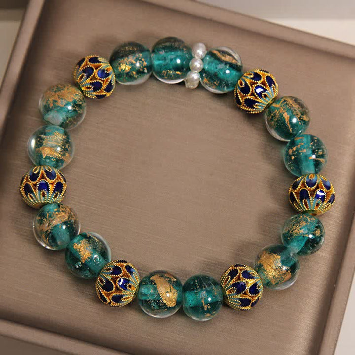 Buddha Stones Bracciale rotondo cinese Liuli con perline di vetro e foglia d'oro cloisonné, purezza, nuovo. - image 9