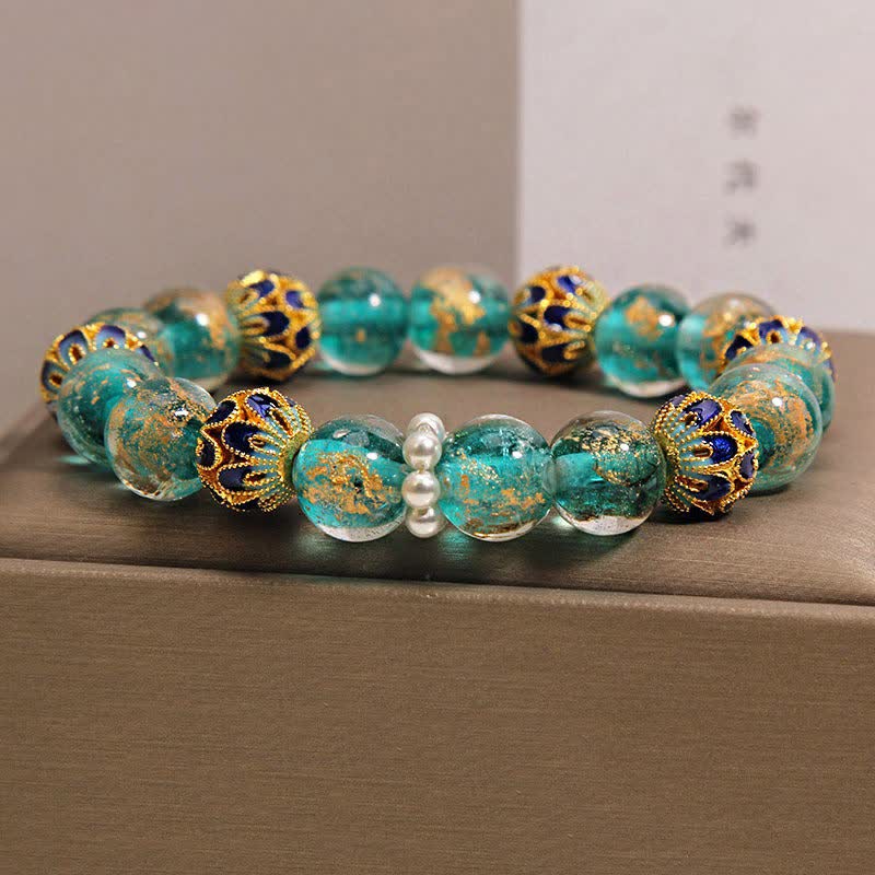 Buddha Stones Bracciale rotondo cinese Liuli con perline di vetro e foglia d'oro cloisonné, purezza, nuovo. - image 7