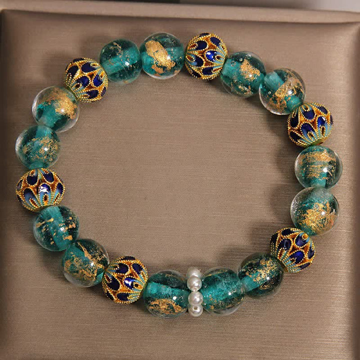 Buddha Stones Bracciale rotondo cinese Liuli con perline di vetro e foglia d'oro cloisonné, purezza, nuovo. - image 10