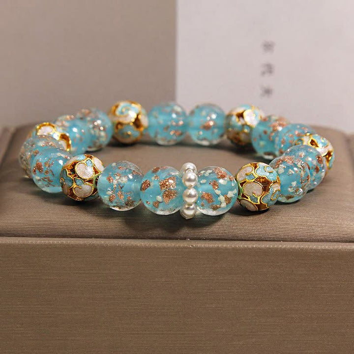 Buddha Stones Bracciale rotondo cinese Liuli con perline di vetro e foglia d'oro cloisonné, purezza, nuovo. - Lago Blu - Vetro (Chiarezza♥Messa a fuoco) - image 3