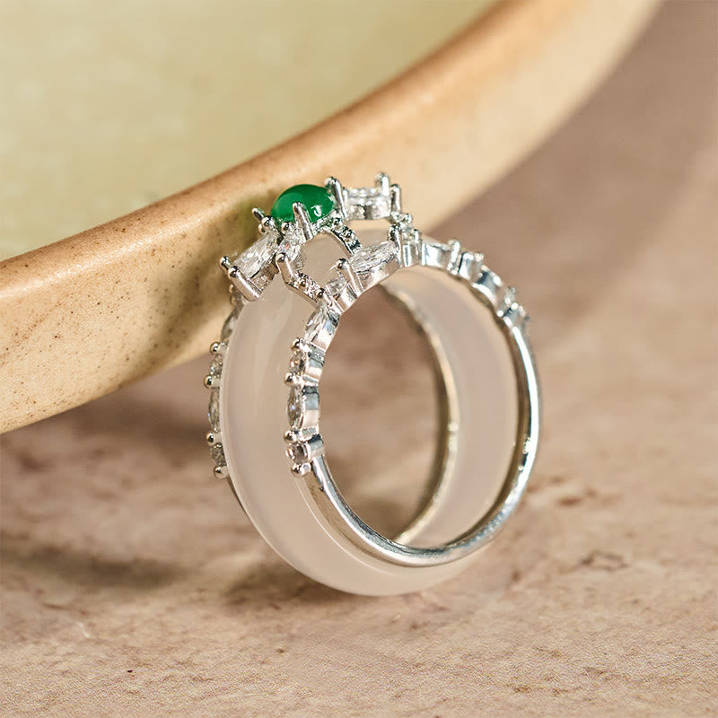 Buddha Stones Anello con fiore di calcedonio e zircone verde, positivo - image 1