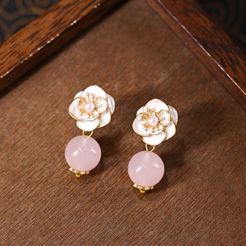 Buddha Stones Orecchini pendenti con camelia in quarzo rosa e simbolo di amore per l'energia. - image 1