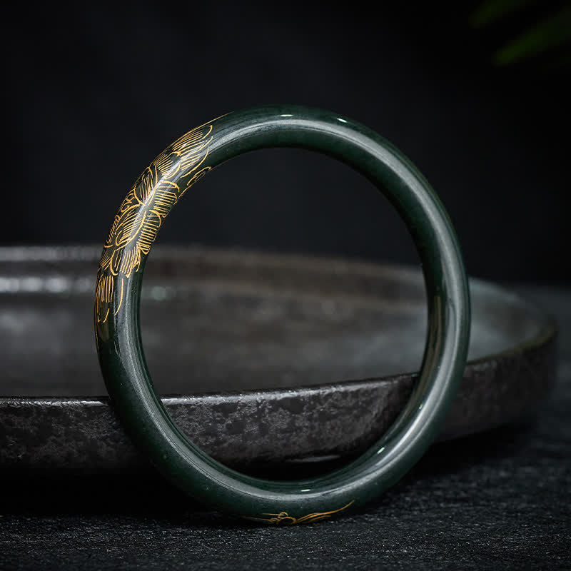 Buddha Stones Bracciale rigido con giada ciano naturale, loto e pesce koi, simbolo dell'illuminazione. - Giada ciano (60–62 mm) - image 0