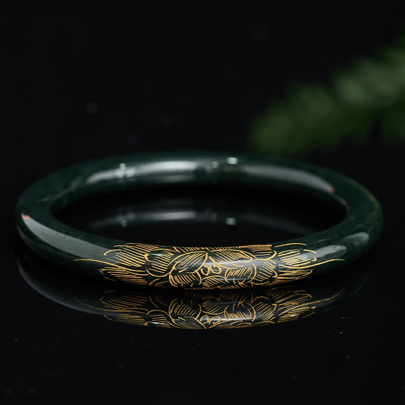 Buddha Stones Bracciale rigido con giada ciano naturale, loto e pesce koi, simbolo dell'illuminazione. - image 1