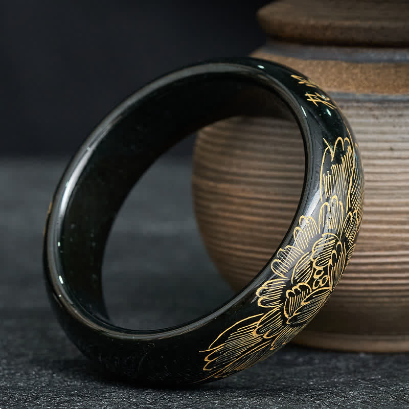 Buddha Stones Bracciale rigido Harmony in giada ciano naturale intagliata - image 1