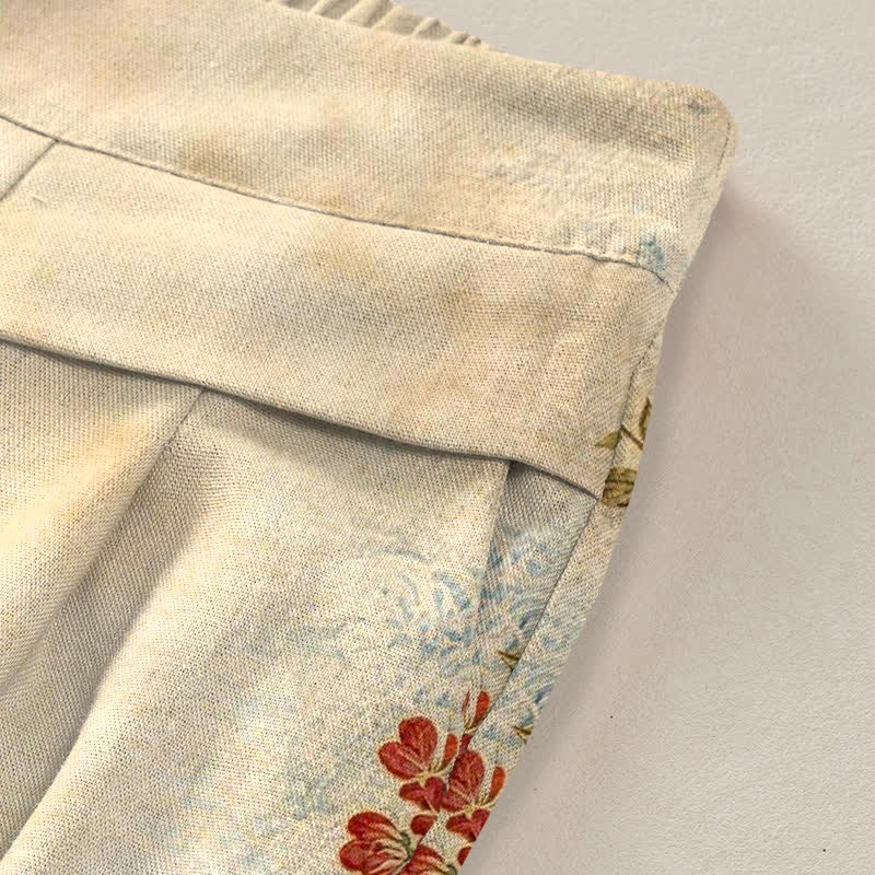 Buddha Stones Pantaloni da donna in cotone e lino con stampa floreale a gru, vita elasticizzata e gamba larga, con tasche. - image 1