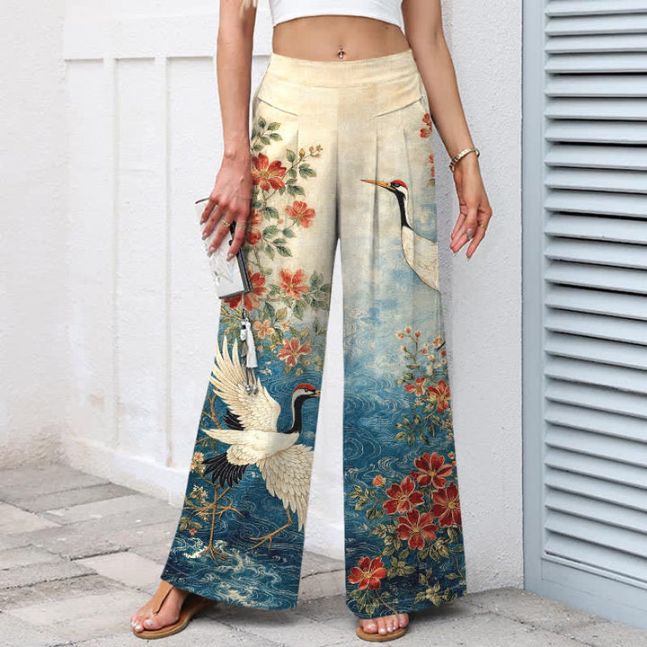 Buddha Stones Pantaloni da donna in cotone e lino con stampa floreale a gru, vita elasticizzata e gamba larga, con tasche. - Blu - US16, UK/AU20, EU48 (3XL) - image 0