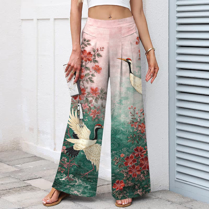 Buddha Stones Pantaloni da donna in cotone e lino con stampa floreale a gru, vita elasticizzata e gamba larga, con tasche. - image 4