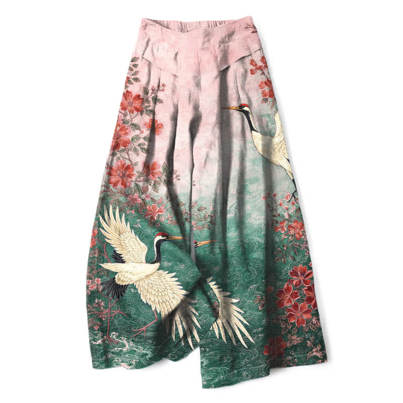 Buddha Stones Pantaloni da donna in cotone e lino con stampa floreale a gru, vita elasticizzata e gamba larga, con tasche. - Verde mare - US16, UK/AU20, EU48 (3XL) - image 3