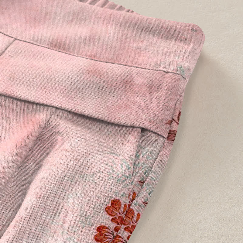 Buddha Stones Pantaloni da donna in cotone e lino con stampa floreale a gru, vita elasticizzata e gamba larga, con tasche. - image 5