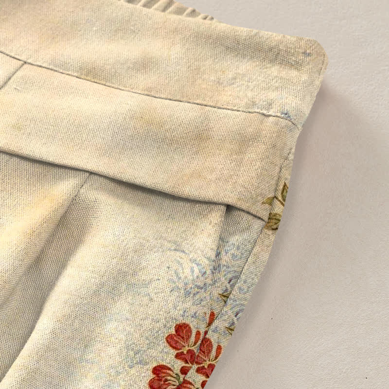 Buddha Stones Pantaloni da donna in cotone e lino con stampa floreale a gru, vita elasticizzata e gamba larga, con tasche. - image 9