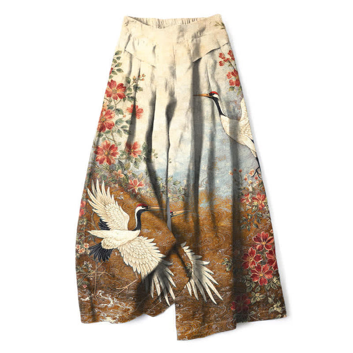 Buddha Stones Pantaloni da donna in cotone e lino con stampa floreale a gru, vita elasticizzata e gamba larga, con tasche. - Verga d'oro - US16, UK/AU20, EU48 (3XL) - image 7