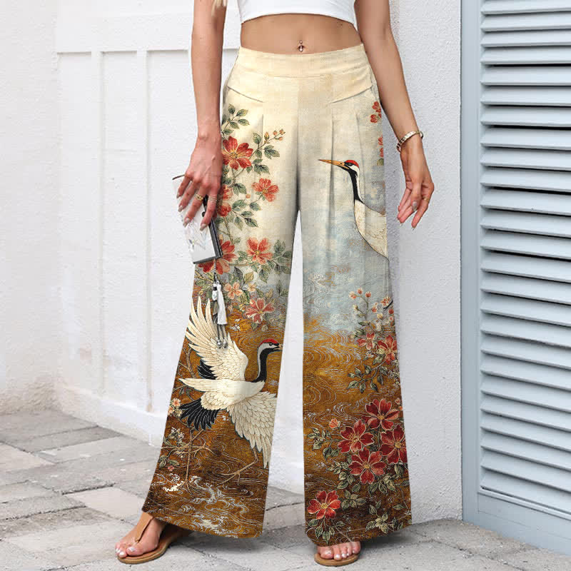 Buddha Stones Pantaloni da donna in cotone e lino con stampa floreale a gru, vita elasticizzata e gamba larga, con tasche. - image 8