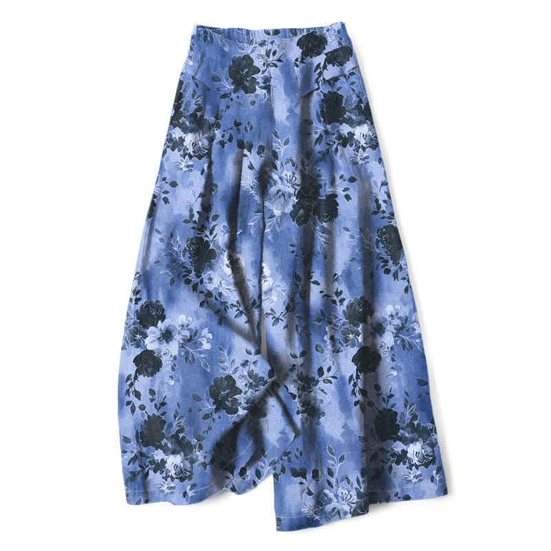 Buddha Stones Pantaloni da donna in cotone e lino con fantasia floreale, vita elasticizzata e gamba larga, con tasche. - Blu fiordaliso - US16, UK/AU20, EU48 (3XL) - image 0