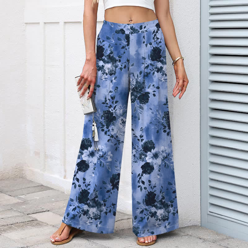 Buddha Stones Pantaloni da donna in cotone e lino con fantasia floreale, vita elasticizzata e gamba larga, con tasche. - image 1
