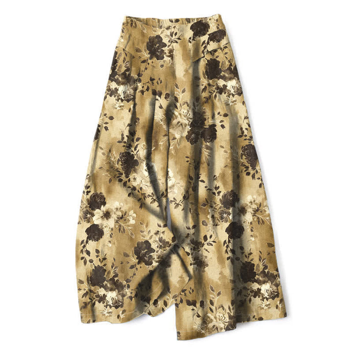 Buddha Stones Pantaloni da donna in cotone e lino con fantasia floreale, vita elasticizzata e gamba larga, con tasche. - Cachi - US16, UK/AU20, EU48 (3XL) - image 4