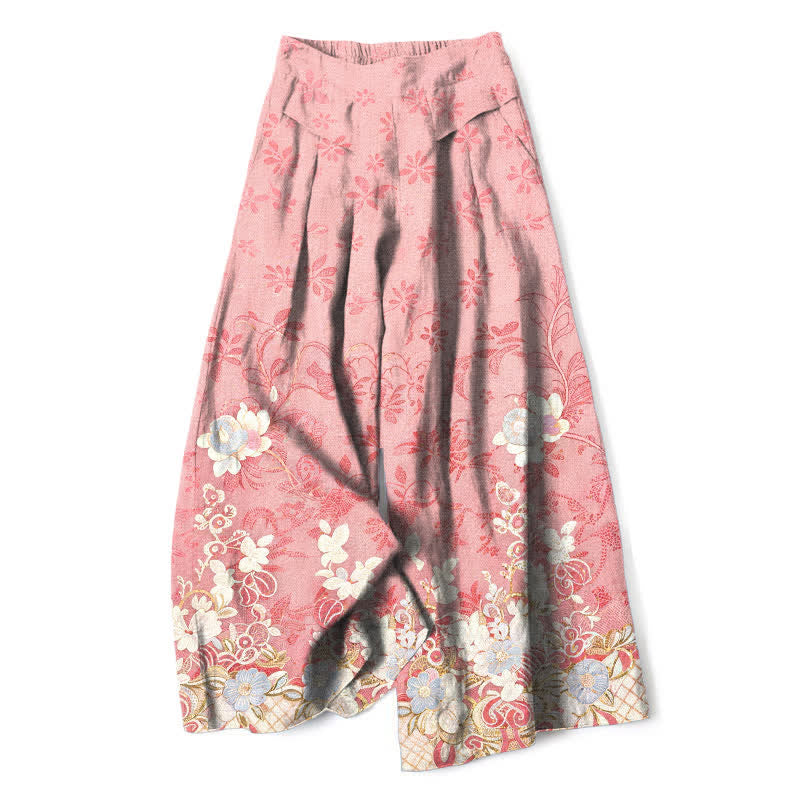 Buddha Stones Pantaloni da donna a gamba larga con elastico in vita e tasche, in cotone e lino, con fantasia floreale romantica. - Rosa chiaro - US16, UK/AU20, EU48 (3XL) - image 0