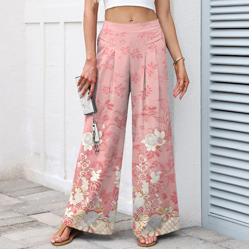 Buddha Stones Pantaloni da donna a gamba larga con elastico in vita e tasche, in cotone e lino, con fantasia floreale romantica. - image 1