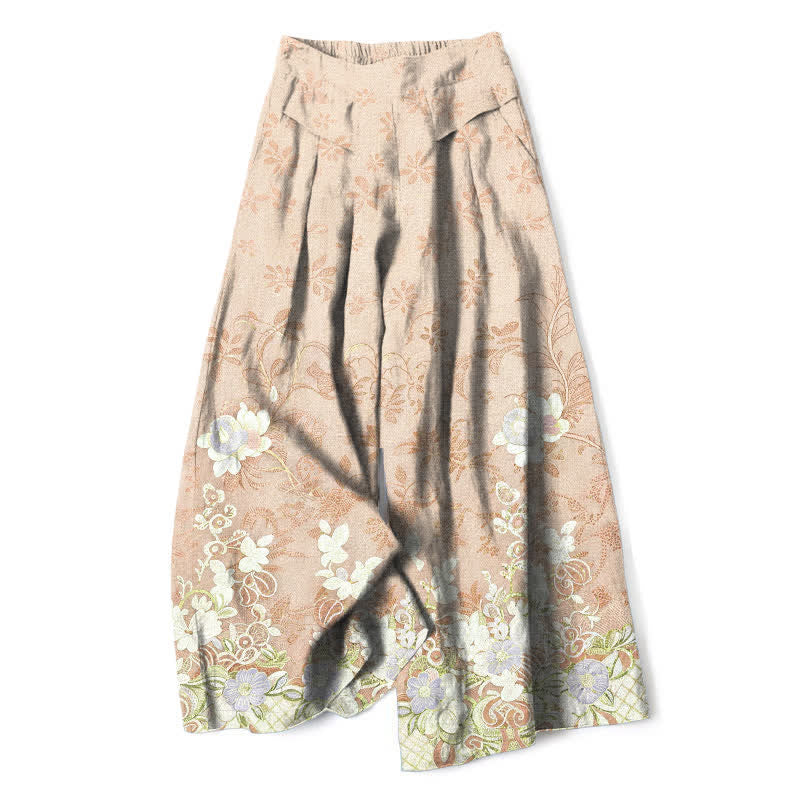 Buddha Stones Pantaloni da donna a gamba larga con elastico in vita e tasche, in cotone e lino, con fantasia floreale romantica. - Grano - US16, UK/AU20, EU48 (3XL) - image 4