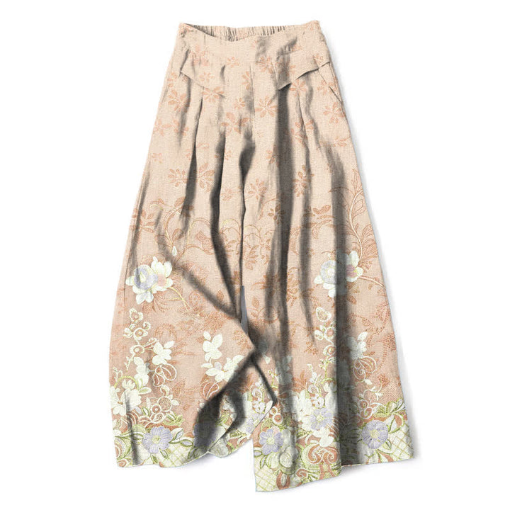 Buddha Stones Pantaloni da donna a gamba larga con elastico in vita e tasche, in cotone e lino, con fantasia floreale romantica. - Grano - US16, UK/AU20, EU48 (3XL) - image 4