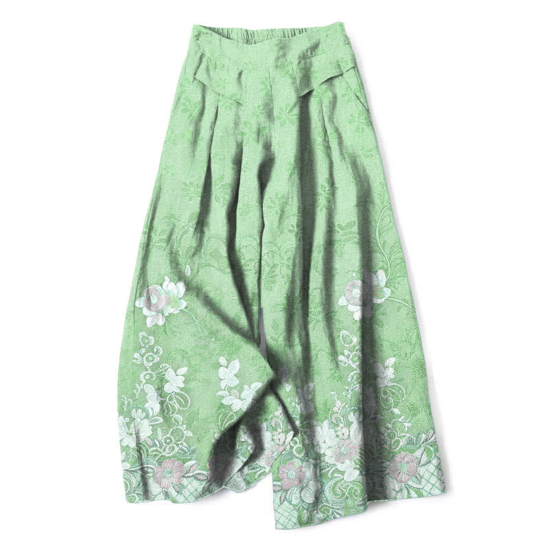 Buddha Stones Pantaloni da donna a gamba larga con elastico in vita e tasche, in cotone e lino, con fantasia floreale romantica. - Verde pallido - US16, UK/AU20, EU48 (3XL) - image 8