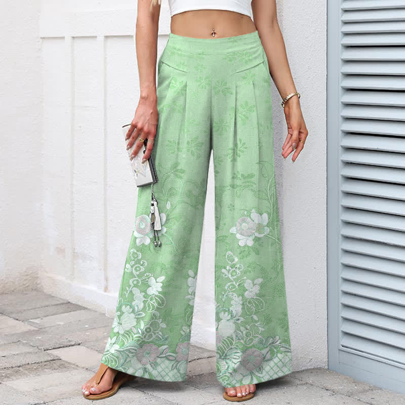 Buddha Stones Pantaloni da donna a gamba larga con elastico in vita e tasche, in cotone e lino, con fantasia floreale romantica. - image 9
