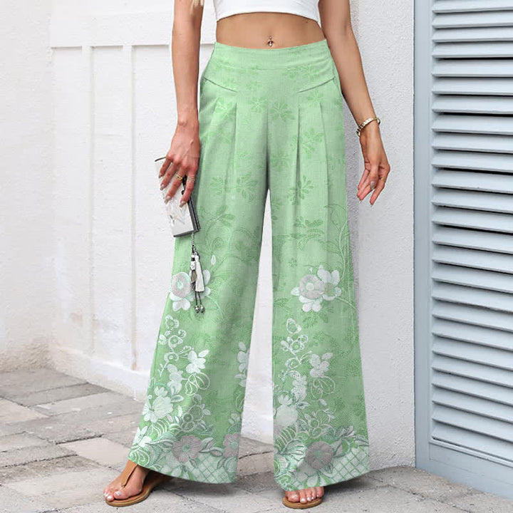 Buddha Stones Pantaloni da donna a gamba larga con elastico in vita e tasche, in cotone e lino, con fantasia floreale romantica. - image 9
