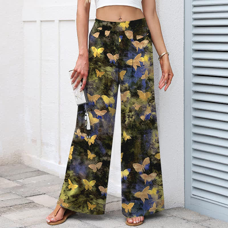 Buddha Stones Pantaloni da donna in cotone e lino con stampa a farfalle, vita elasticizzata e gamba larga, con tasche. - image 1