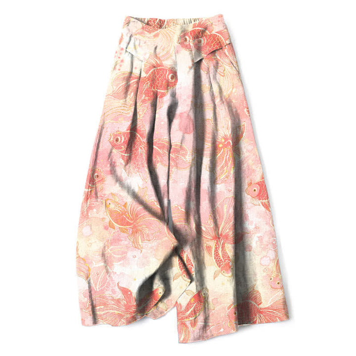 Buddha Stones Pantaloni da donna in cotone e lino con elastico in vita e gamba larga, fantasia floreale con pesci koi e tasche. - Rosa chiaro - US16, UK/AU20, EU48 (3XL) - image 0