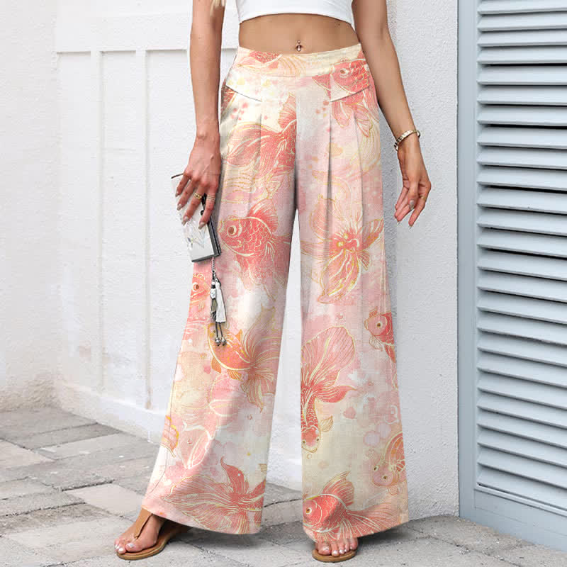 Buddha Stones Pantaloni da donna in cotone e lino con elastico in vita e gamba larga, fantasia floreale con pesci koi e tasche. - image 1