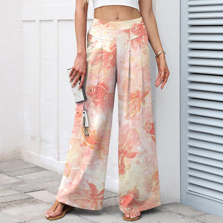 Buddha Stones Pantaloni da donna in cotone e lino con elastico in vita e gamba larga, fantasia floreale con pesci koi e tasche. - image 1