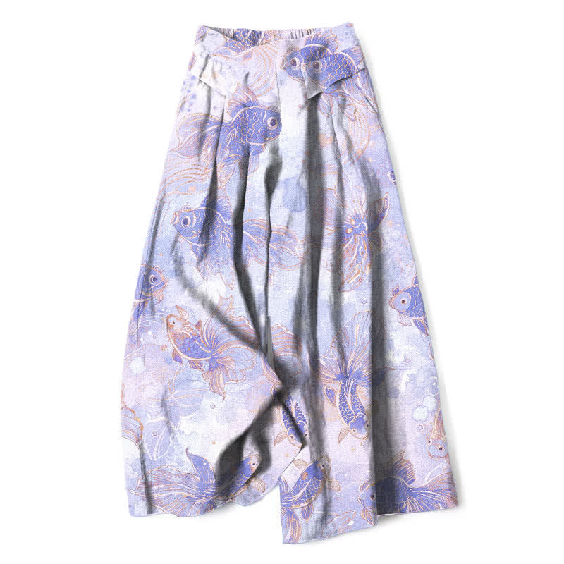 Buddha Stones Pantaloni da donna in cotone e lino con elastico in vita e gamba larga, fantasia floreale con pesci koi e tasche. - Lavanda - US16, UK/AU20, EU48 (3XL) - image 4