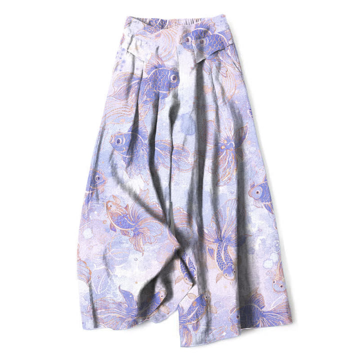 Buddha Stones Pantaloni da donna in cotone e lino con elastico in vita e gamba larga, fantasia floreale con pesci koi e tasche. - Lavanda - US16, UK/AU20, EU48 (3XL) - image 4