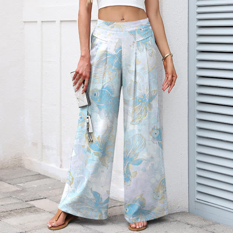 Buddha Stones Pantaloni da donna in cotone e lino con elastico in vita e gamba larga, fantasia floreale con pesci koi e tasche. - image 9