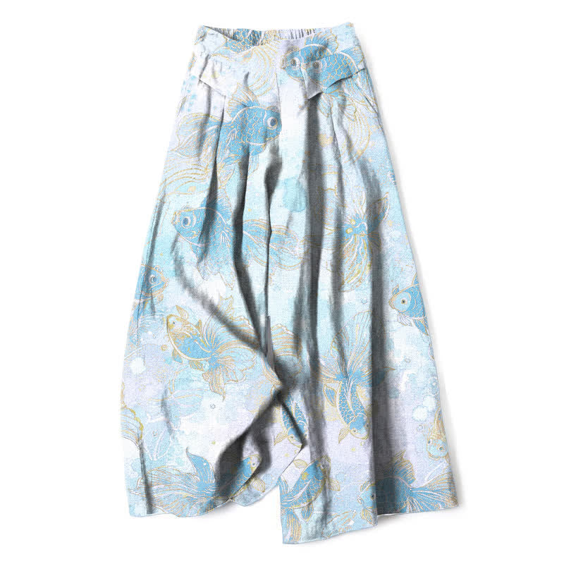 Buddha Stones Pantaloni da donna in cotone e lino con elastico in vita e gamba larga, fantasia floreale con pesci koi e tasche. - Turchese pallido - US16, UK/AU20, EU48 (3XL) - image 8