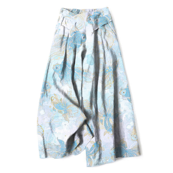 Buddha Stones Pantaloni da donna in cotone e lino con elastico in vita e gamba larga, fantasia floreale con pesci koi e tasche. - Turchese pallido - US16, UK/AU20, EU48 (3XL) - image 8