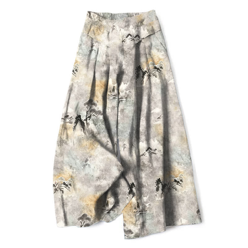 Buddha Stones Pantaloni da donna in cotone e lino con elastico in vita e gamba larga, con tasche, effetto lavaggio inchiostro. - Grigio chiaro - US16, UK/AU20, EU48 (3XL) - image 0