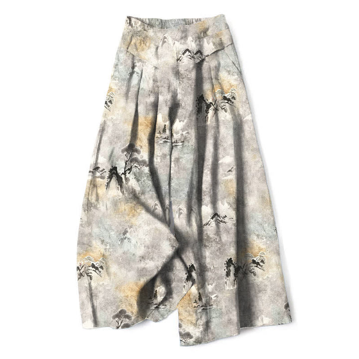 Buddha Stones Pantaloni da donna in cotone e lino con elastico in vita e gamba larga, con tasche, effetto lavaggio inchiostro. - Grigio chiaro - US16, UK/AU20, EU48 (3XL) - image 0