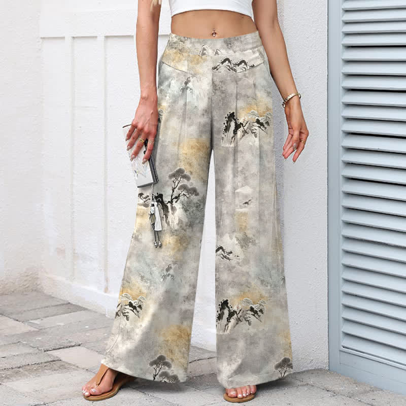 Buddha Stones Pantaloni da donna in cotone e lino con elastico in vita e gamba larga, con tasche, effetto lavaggio inchiostro. - image 1