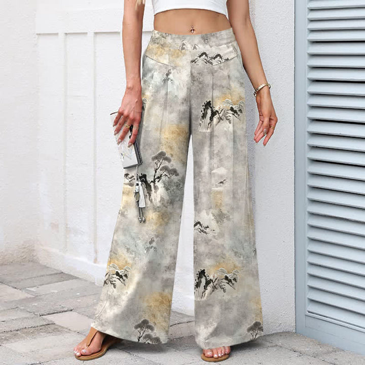 Buddha Stones Pantaloni da donna in cotone e lino con elastico in vita e gamba larga, con tasche, effetto lavaggio inchiostro. - image 1