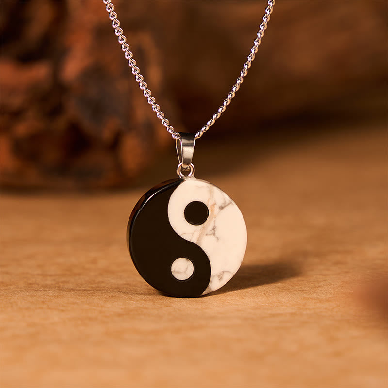 Buddha Stones Collana Yin Yang Tai Chi in ossidiana nera naturale e turchese bianco, simbolo di forza e resistenza. - image 2