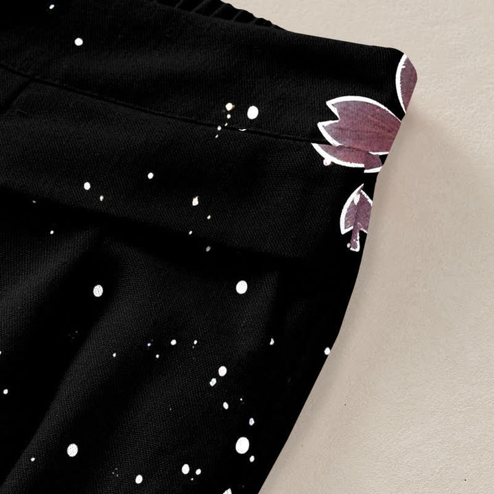 Buddha Stones Pantaloni da donna in cotone e lino neri con fantasia Sakura, vita elasticizzata e gamba larga, con tasche. - image 2