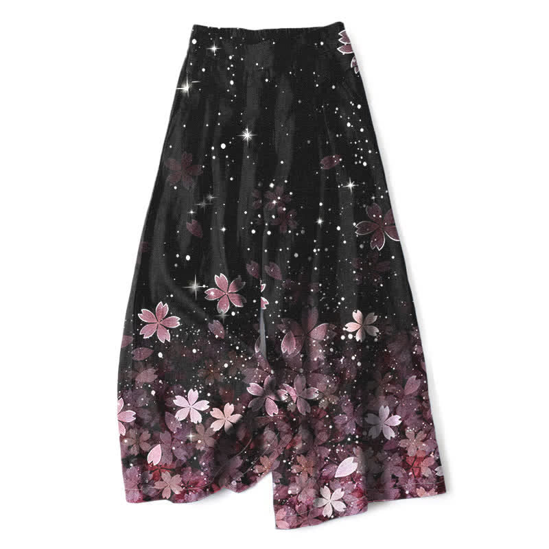 Buddha Stones Pantaloni da donna in cotone e lino neri con fantasia Sakura, vita elasticizzata e gamba larga, con tasche. - Rosa - US16, UK/AU20, EU48 (3XL) - image 0
