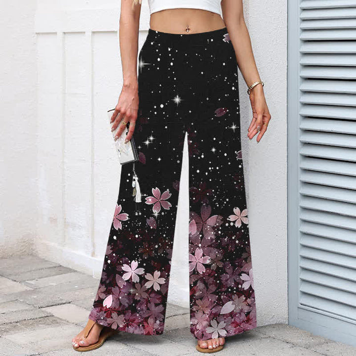 Buddha Stones Pantaloni da donna in cotone e lino neri con fantasia Sakura, vita elasticizzata e gamba larga, con tasche. - image 1